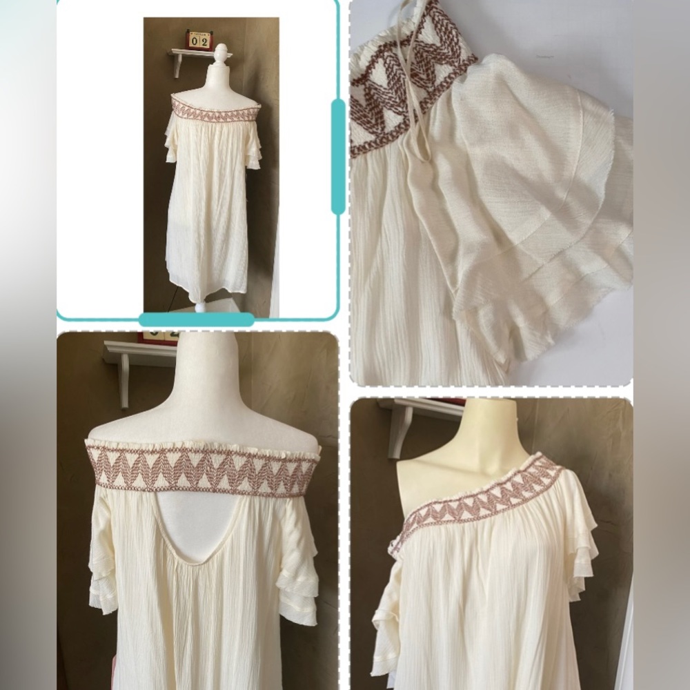 One The Land Cream colored off the shoulder dress embroidery accent women’s L